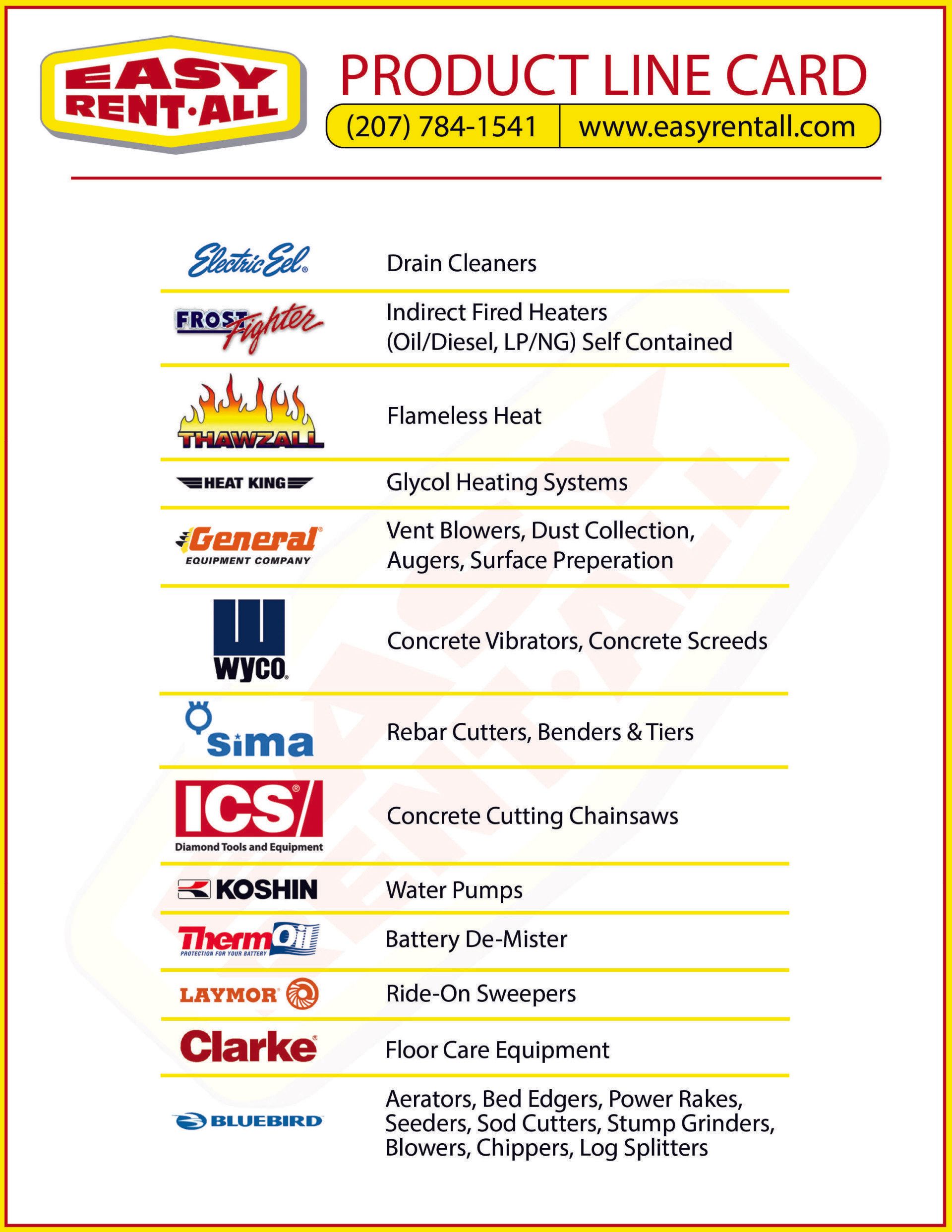 A product line card for easy rent all shows a variety of products