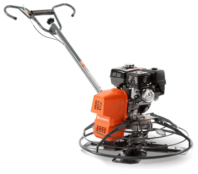 A concrete trowel with a motor attached to it on a white background.