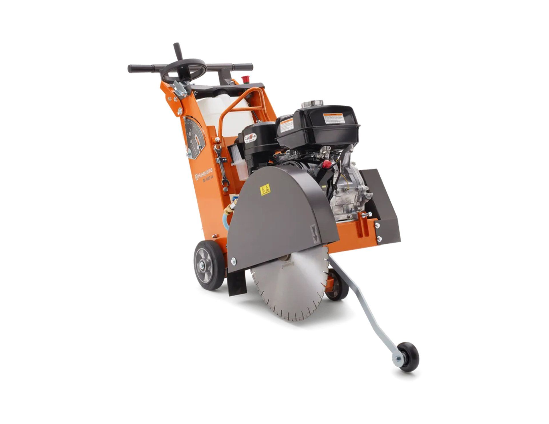 A concrete saw is sitting on a white surface.