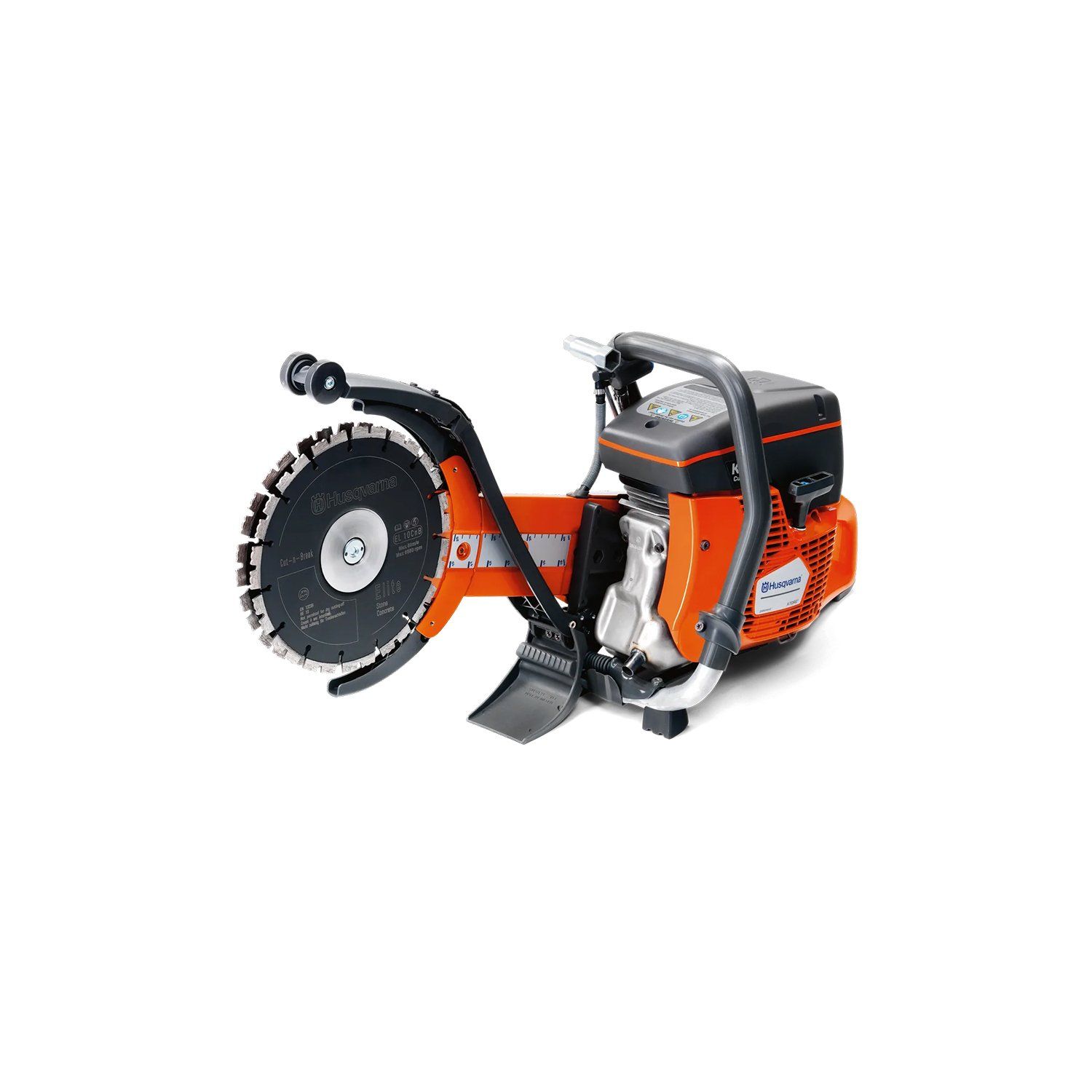 A concrete saw with a circular saw blade attached to it on a white background.