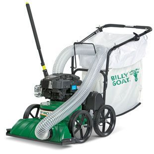 A billy goat lawn vacuum with a bag attached to it.