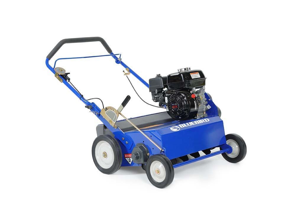 A blue lawn mower with a black engine on a white background.