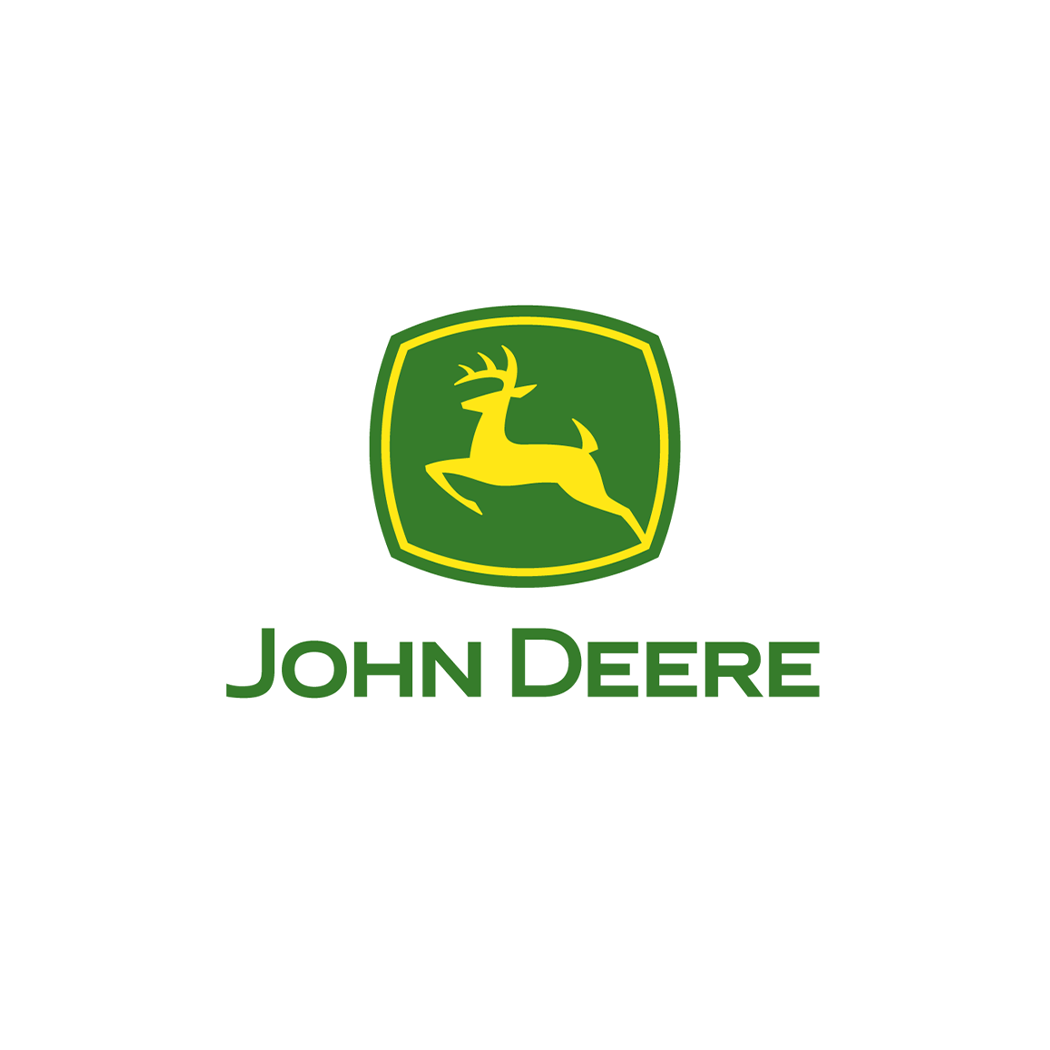 A john deere logo with a deer on a white background.