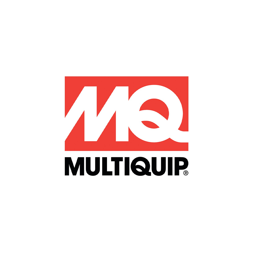 A red and white mq multiquip logo on a white background