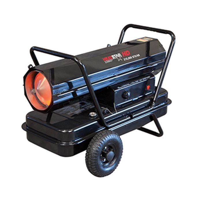A black heater with wheels on a white background