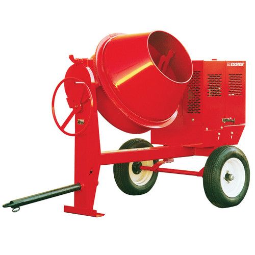 A red concrete mixer on a white background