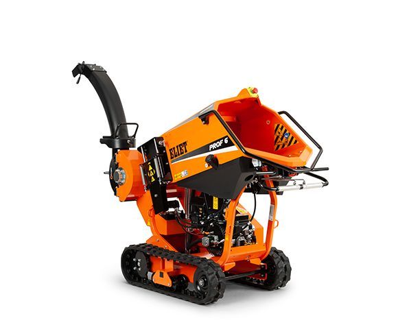 a small orange and black wood chipper on a white background .