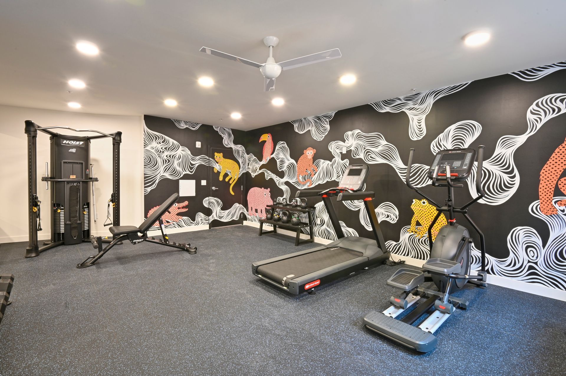 Home gym with weight machine, bench, treadmill, exercise bike, and rowing machine; black, white, and colorful mural.