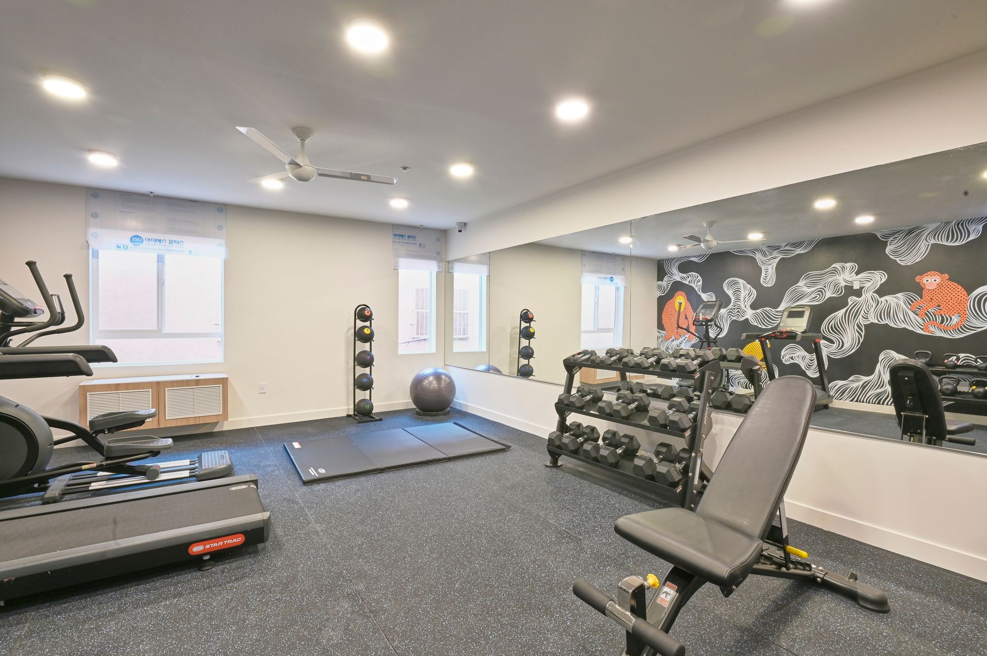 Gym with weights, exercise machines, and a mirror on the wall.