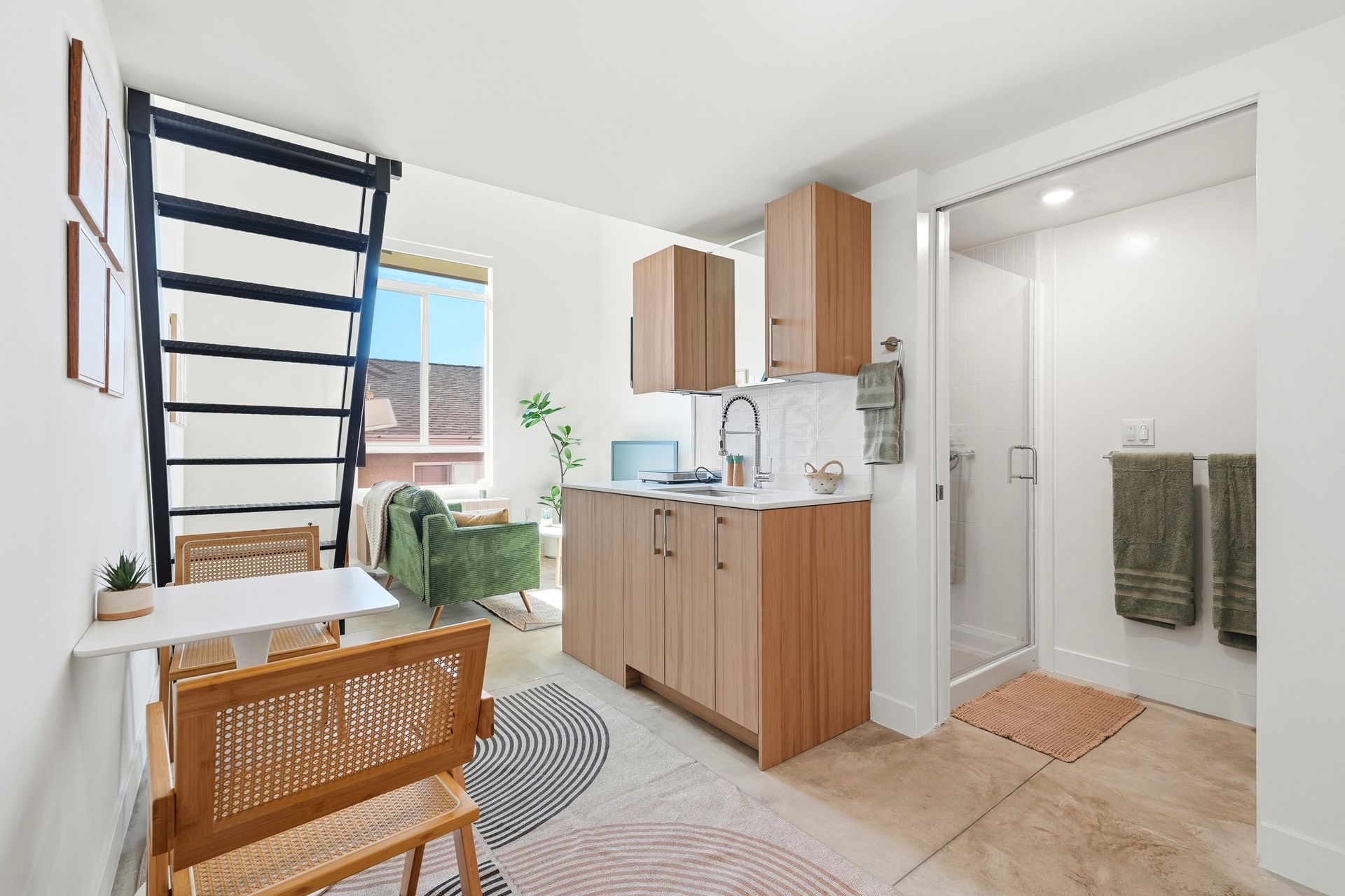 Small apartment interior with kitchen, dining area, and loft bed access. Includes a bathroom and a small living space.