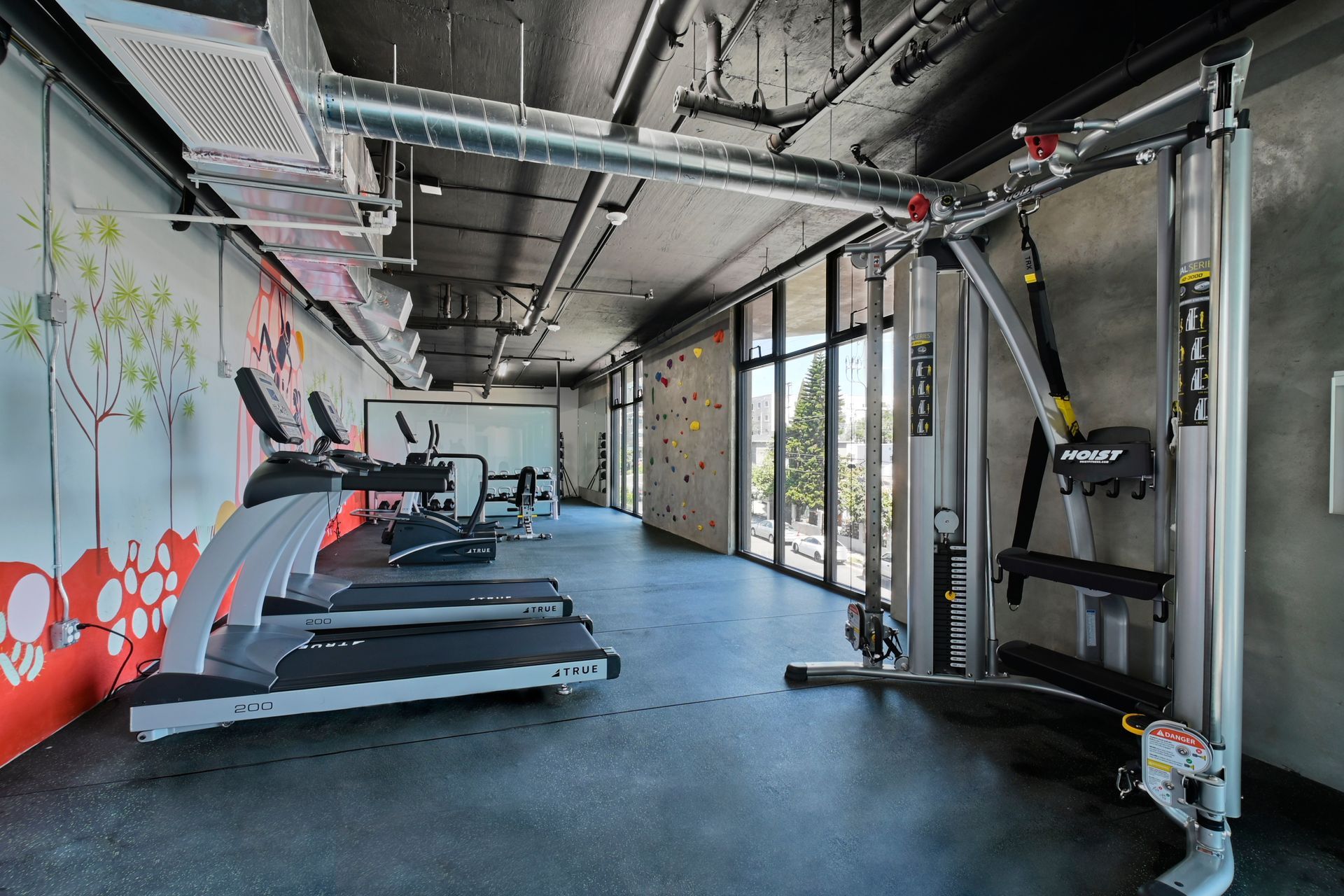 A gym with treadmills and a climbing wall