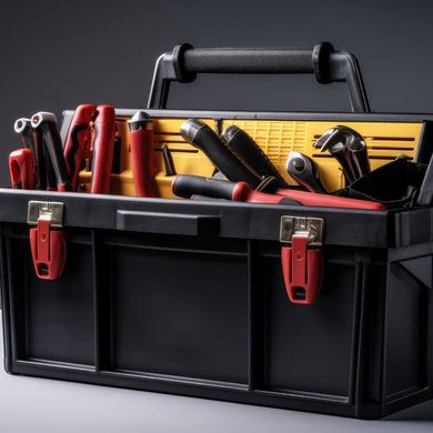 A black toolbox filled with red and yellow tools