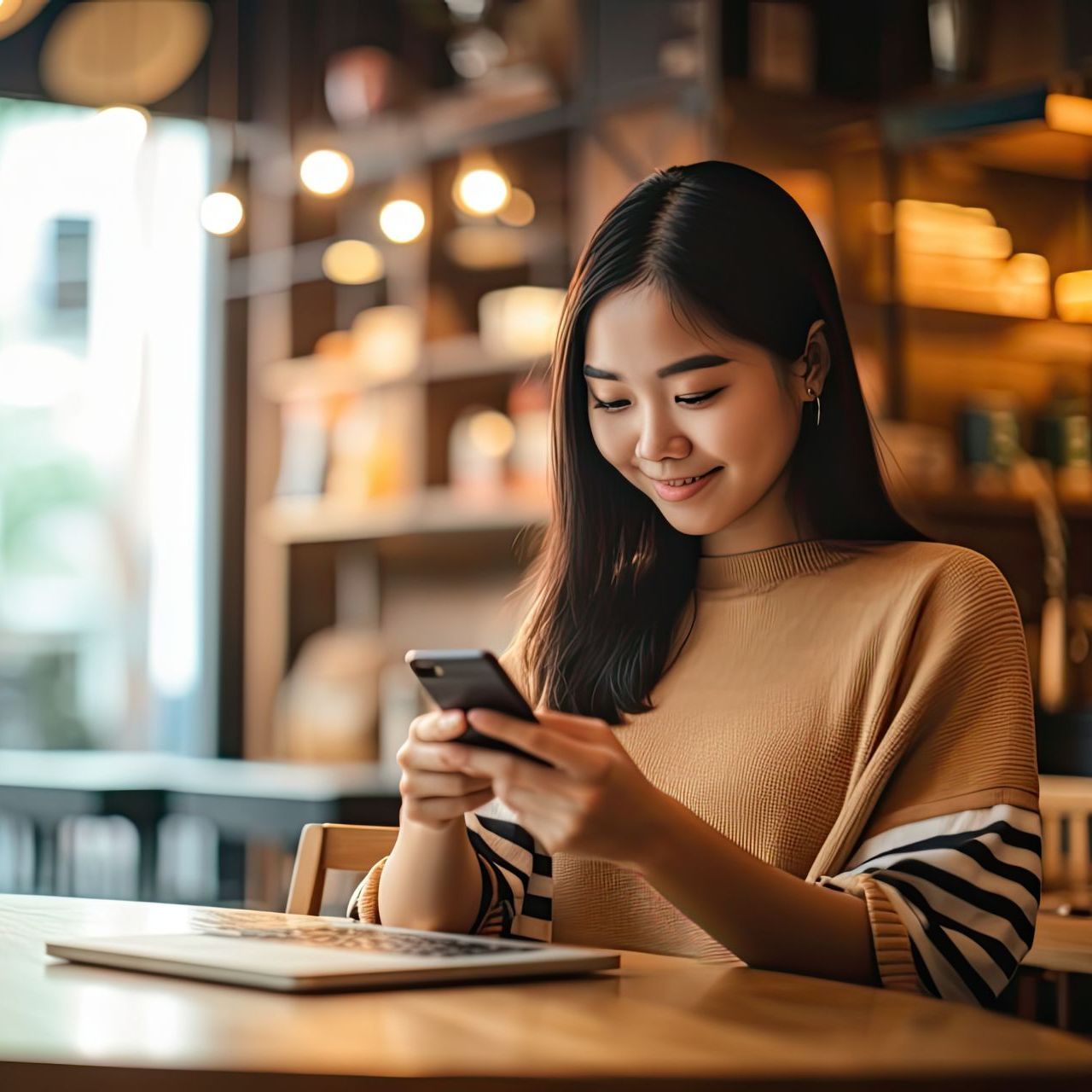 A woman is sitting at a table looking at her cell phone.