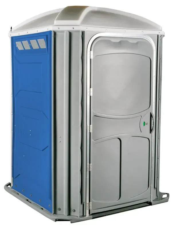 A blue and gray portable toilet with a door on a white background.