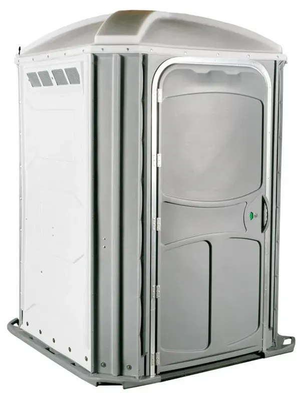 A white and gray portable toilet with a door on a white background.