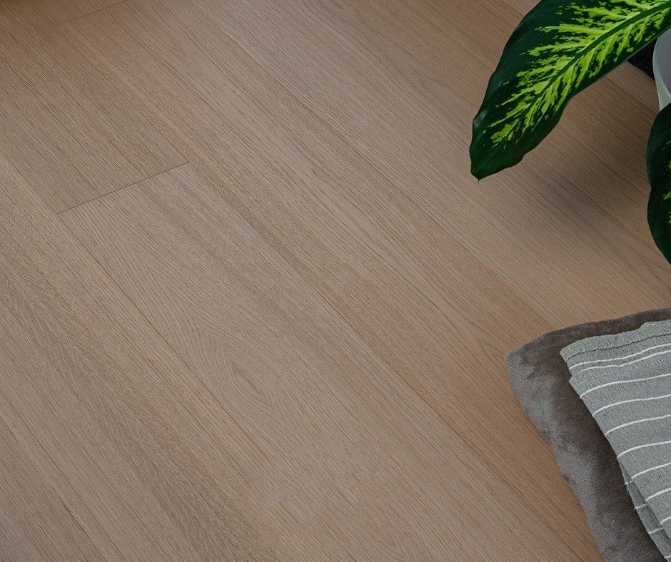 Pavimento in legno chiaro con pianta verde e asciugamano grigio piegato.