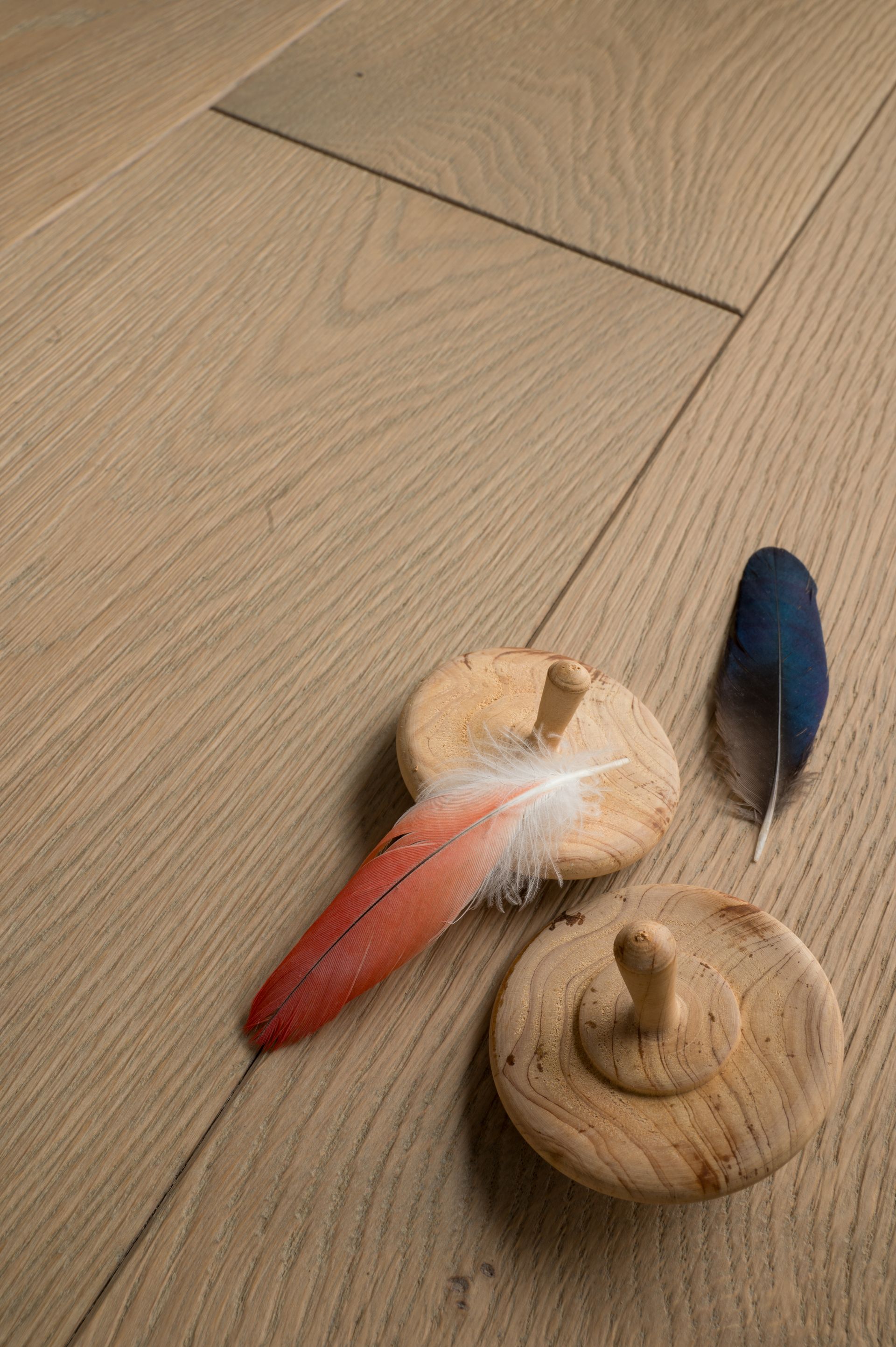 Piani in legno con piume su un pavimento in legno chiaro; una piuma è rossa, l'altra è blu.