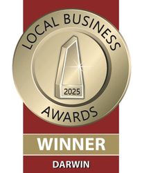 Local Business Awards winner badge, gold and red, Darwin 2025, featuring a trophy icon.