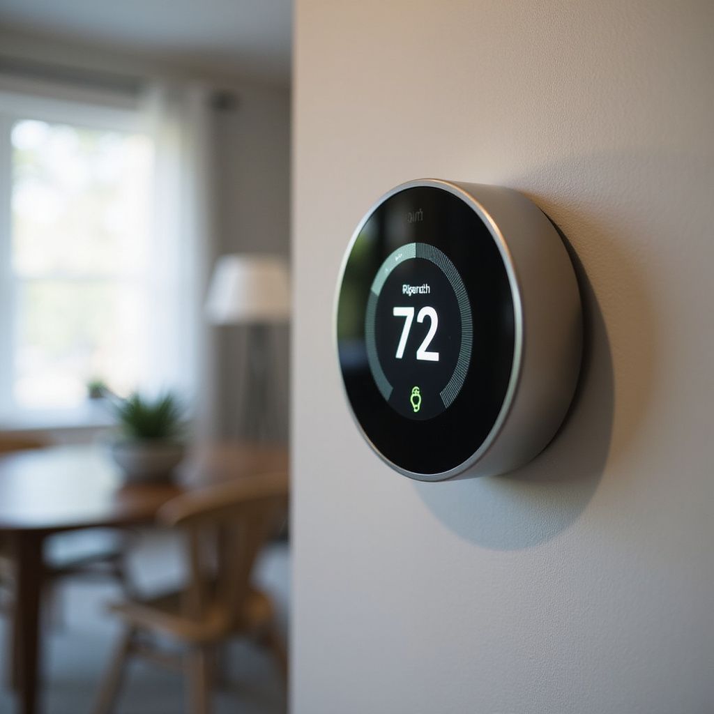 Smart thermostat on a wall, displaying a temperature of 72 degrees.
