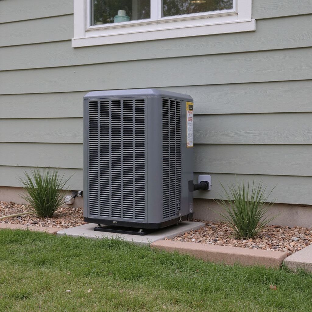 Gray air conditioning unit outside a building with light green siding and a window.