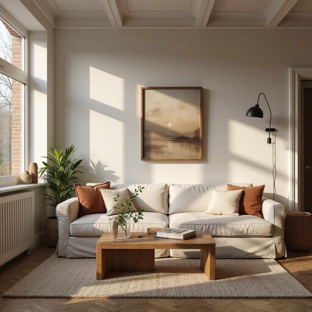 Living room with white sofa, artwork, plants, rug, and coffee table bathed in sunlight.