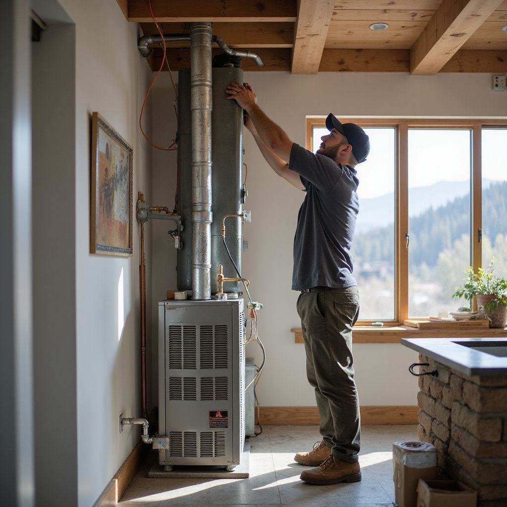 Man working on furnace in a home near a window. He wears work clothes, looking up.