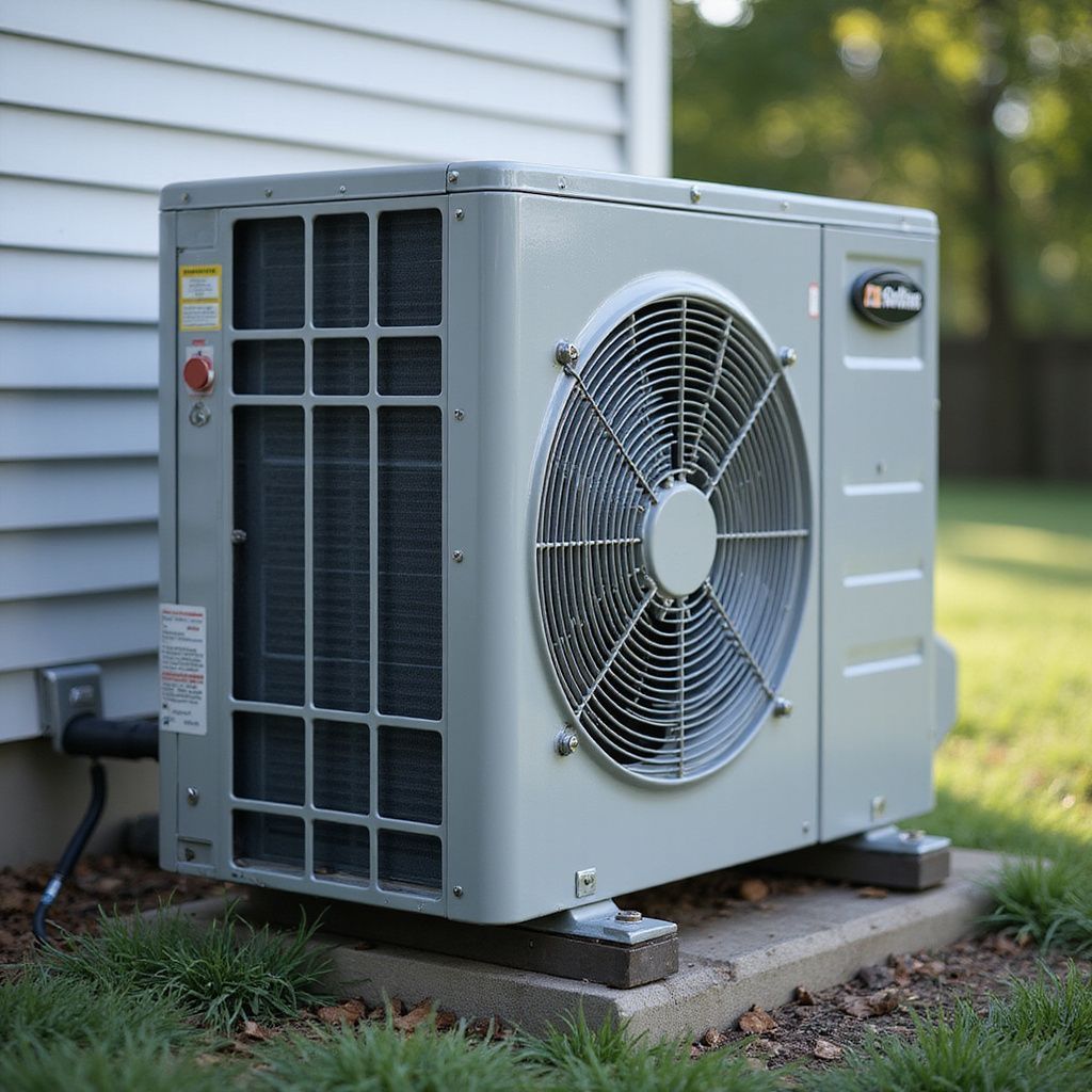Gray air conditioning unit outside a house on a concrete pad.