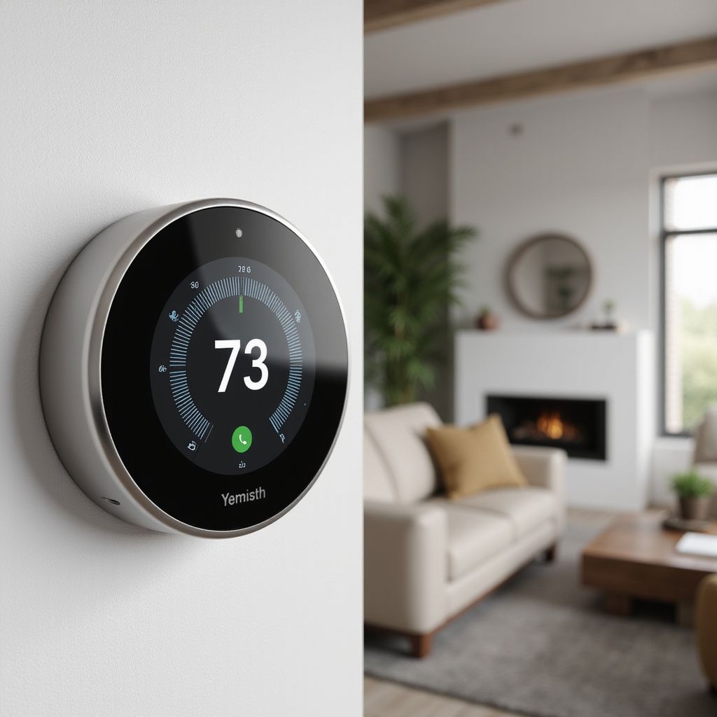 Smart thermostat displays 73 degrees on a wall, with a living room in the background.