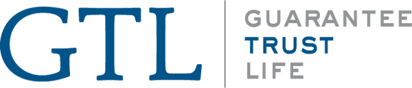 A blue and white logo for gtl guaranteed trust life