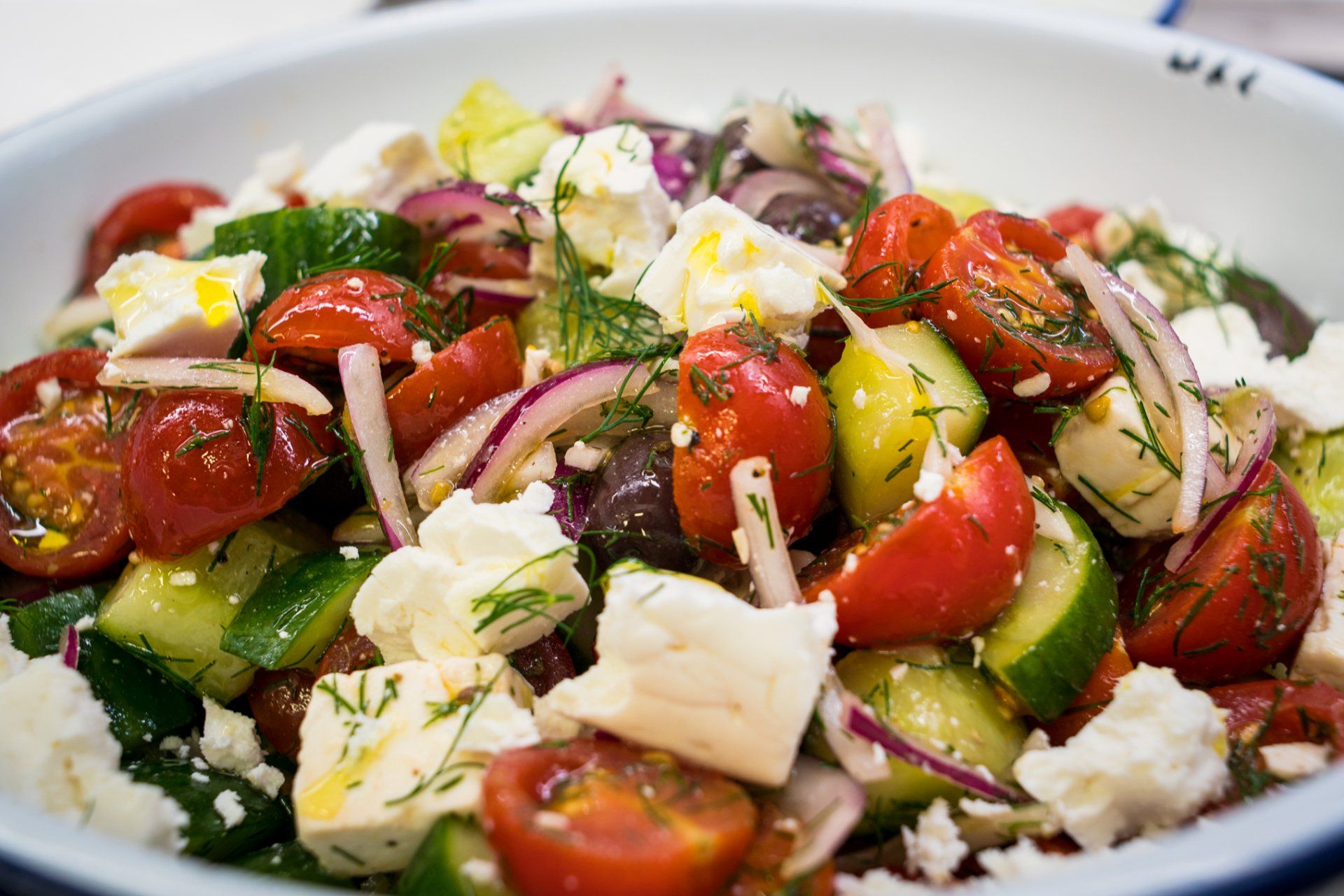 Greek salad freshly made in the Roundhouse Deli