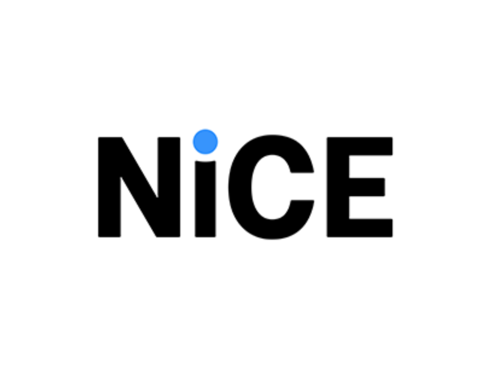 NICE logo: Bold black text with a blue dot over the