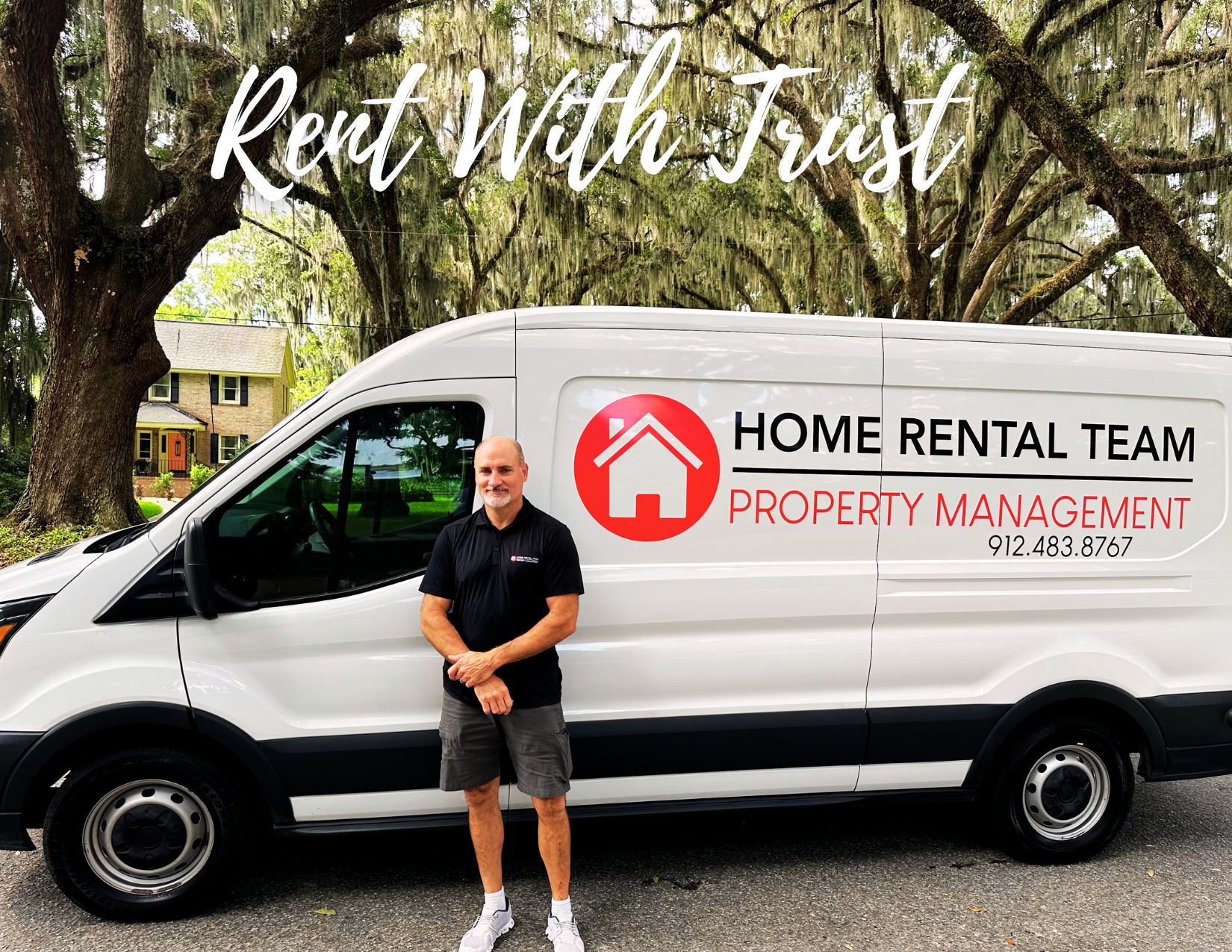 A man is standing in front of a white van that says home rental team property management.