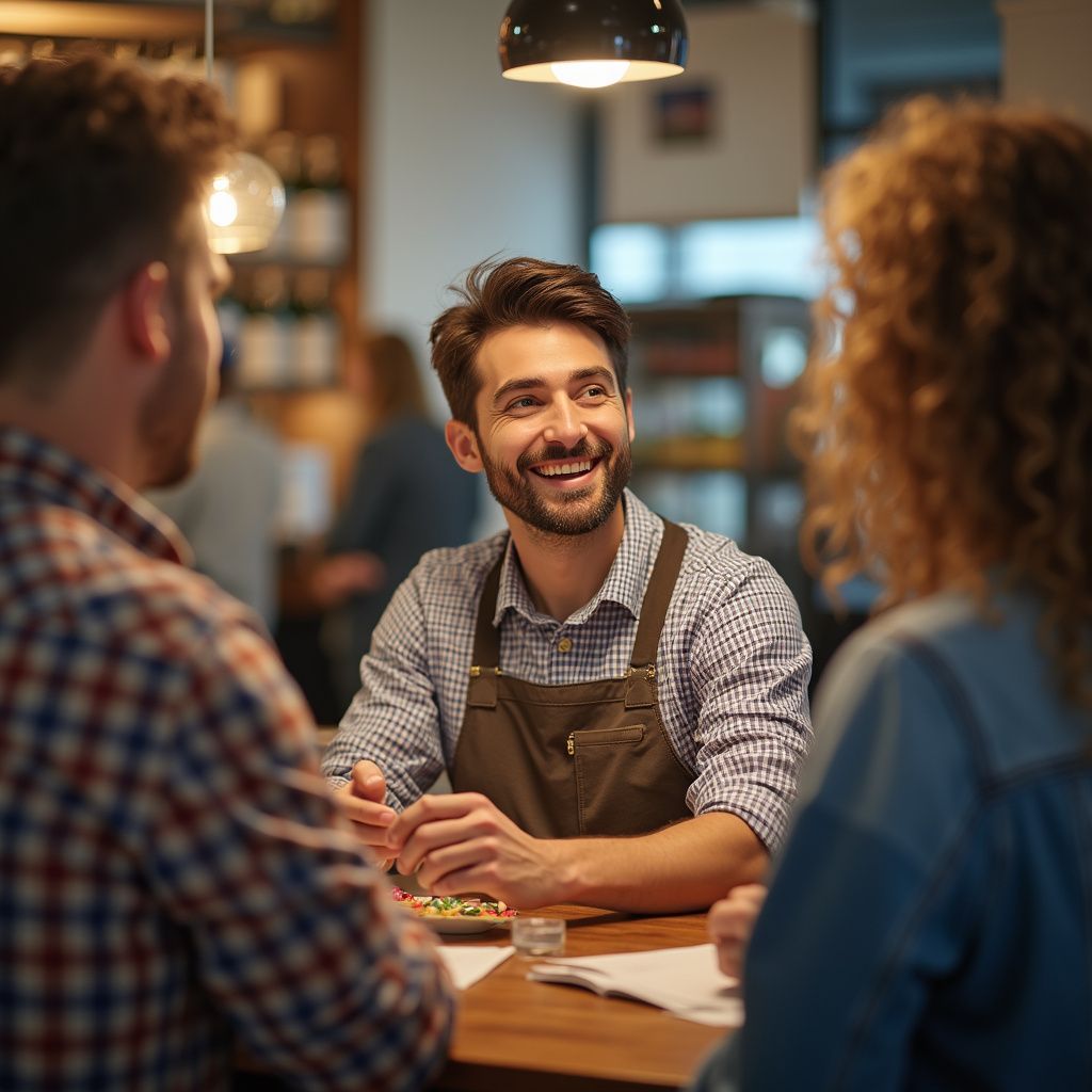 Waiter smiles at customers at a restaurant bar, apron on, chatting, light and wooden setting.