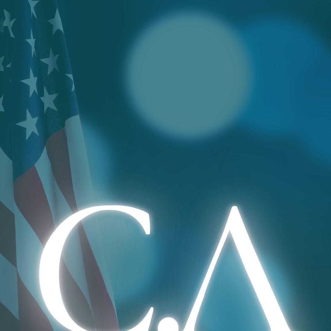 A red white and blue american flag with the letter ca in the foreground