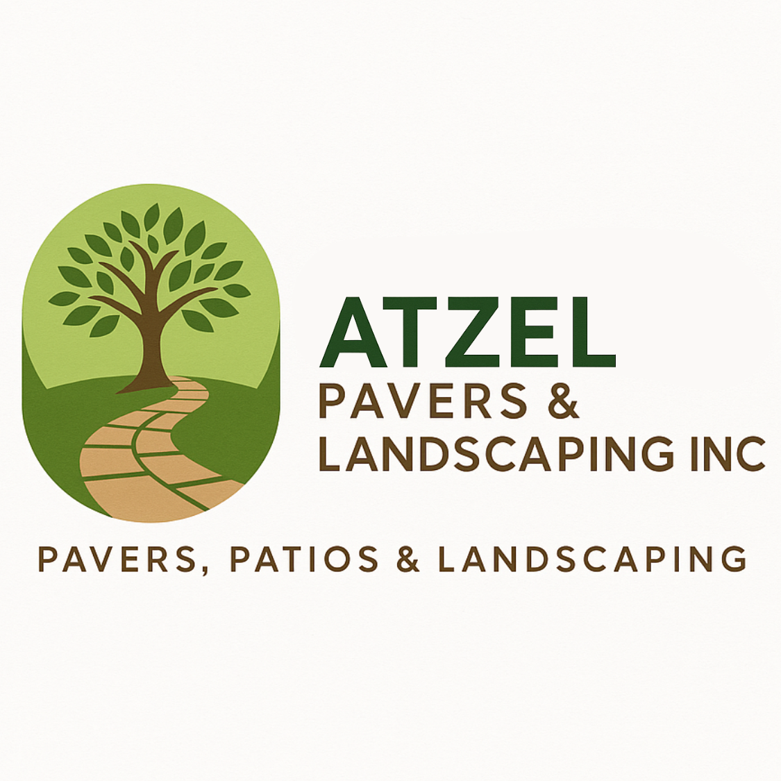 Logo for Atzel Pavers & Landscaping Inc. featuring a tree and winding path inside a green oval.