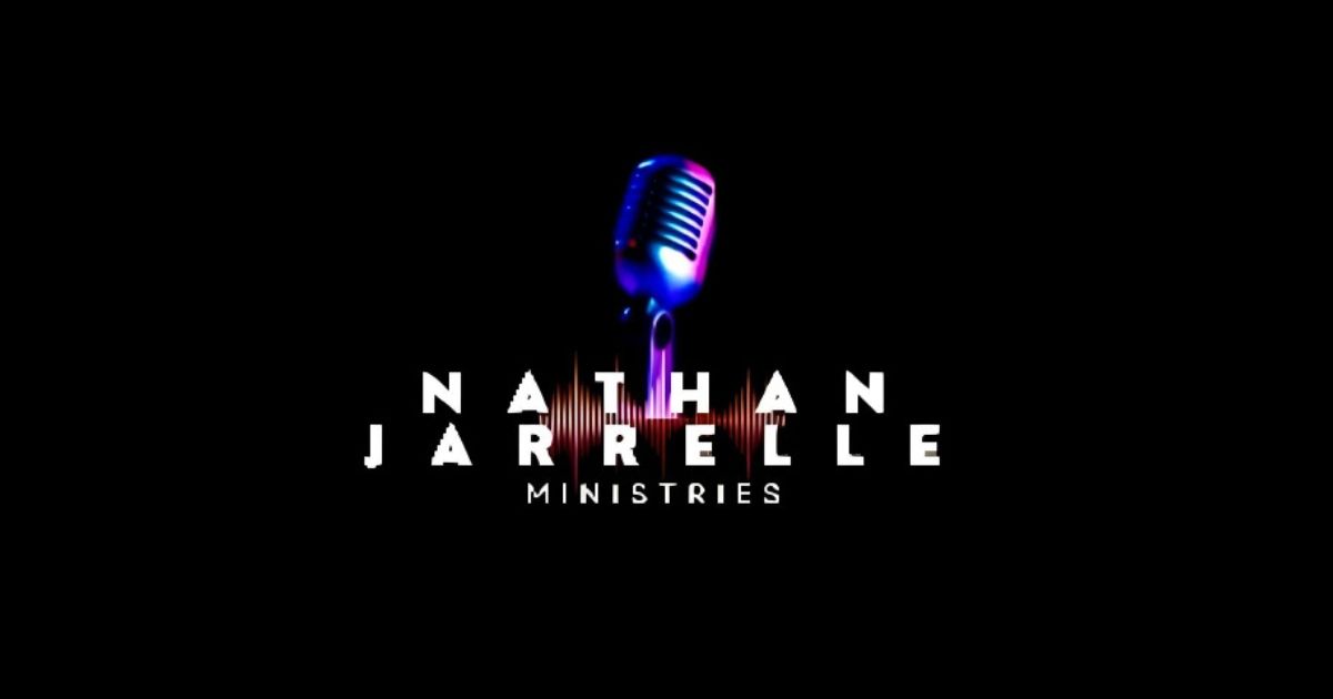 A logo for nathan jarrell ministries with a microphone on a black background