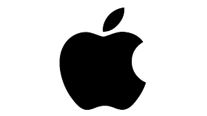 A black apple logo with a bite taken out of it on a white background.