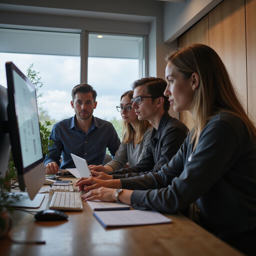 Four people working together at a desk, looking at a computer screen and laptop. Office setting.