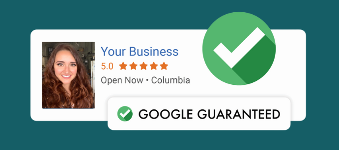 Google Guaranteed badge for a business with a photo and 5-star rating.