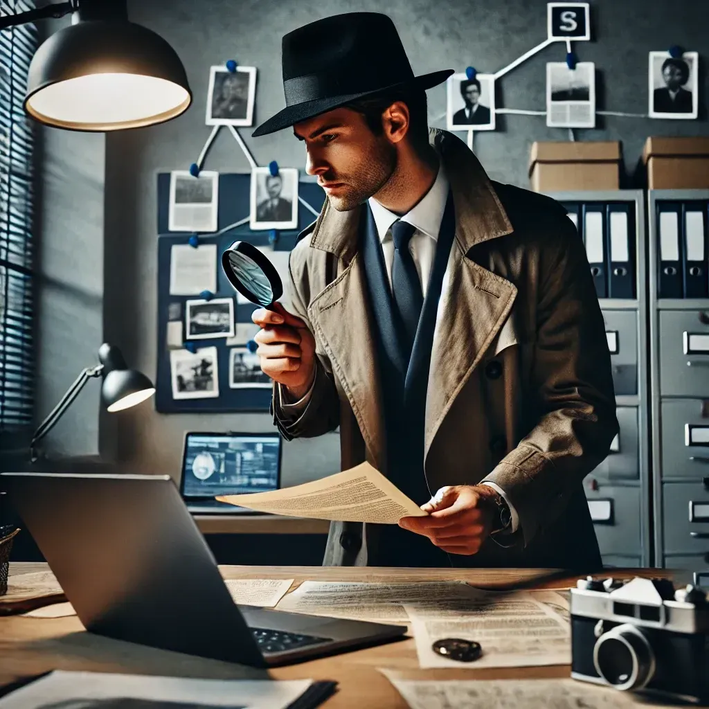 Photo of an investigator holding a magnifying glass, reviewing files on his desk.
