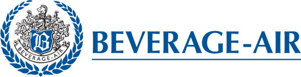 A blue and white logo for beverage air