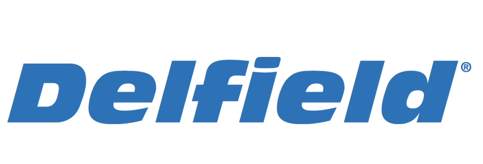 A blue delfield logo on a white background