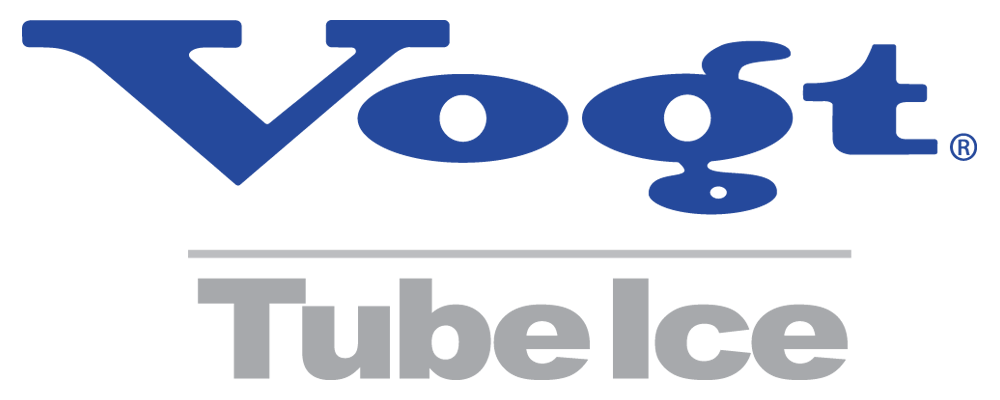 The logo for vogt tube ice is blue and gray on a white background.