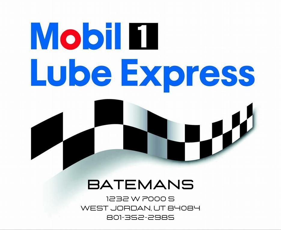 Mobil 1 Lube Express logo. Blue and red text. Checkered flag graphic. Includes address and phone number.