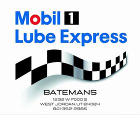 Mobil 1 Lube Express logo. Blue and red text. Checkered flag graphic. Includes address and phone number.