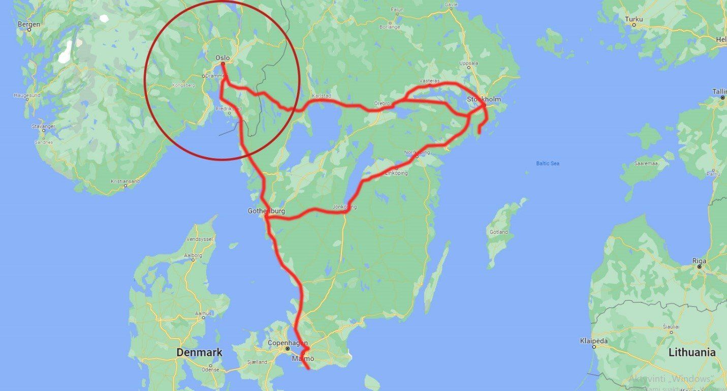 Maršrutai ir tvarkaraščiai į Norvegiją ir Švediją