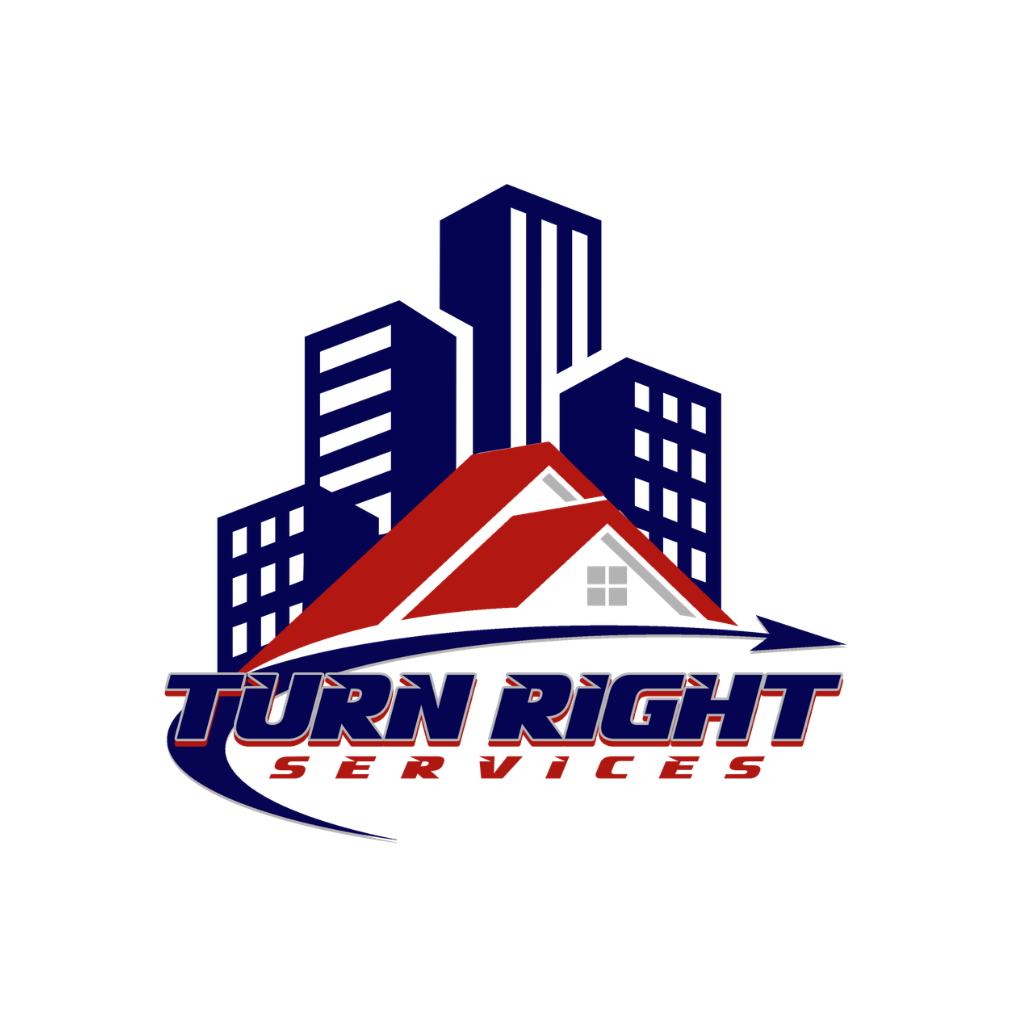 Logo for Turn Right Services featuring blue city buildings behind a red roof, with a stylized arrow swooping underneath.
