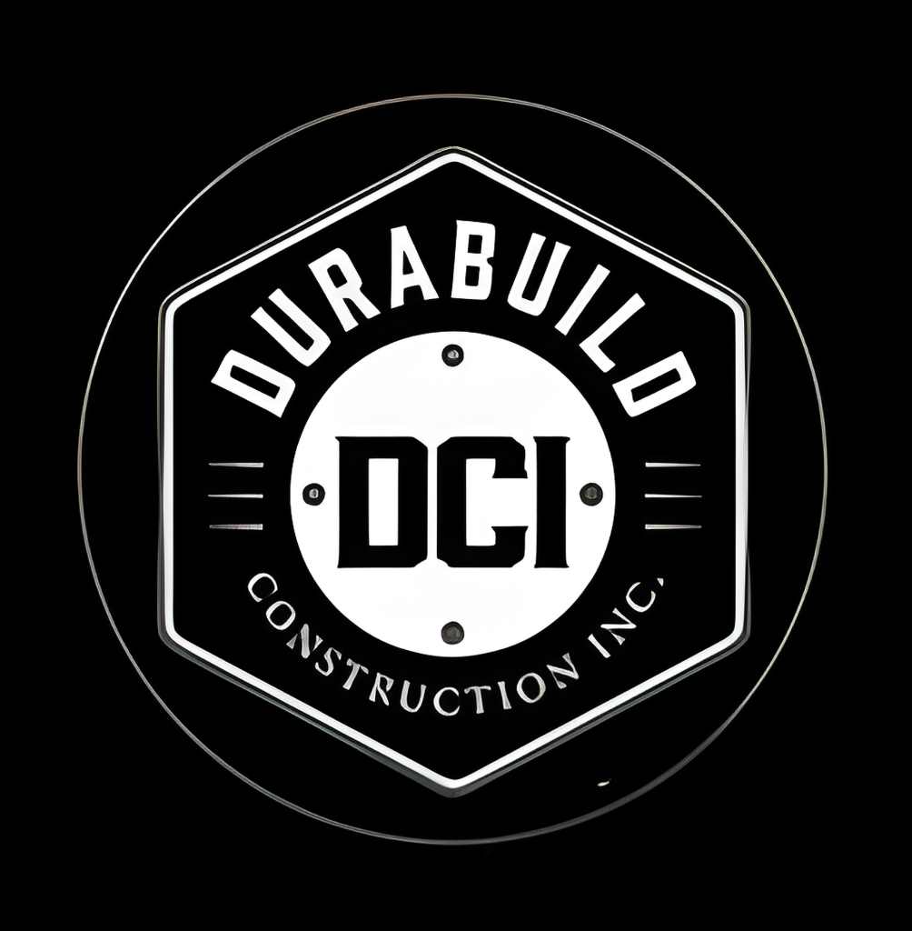 Black and white logo for Durabuild Construction Inc. (DCI), featuring text inside a hexagonal shape within a circle.