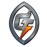 Silver and orange logo within a football-shaped frame; 