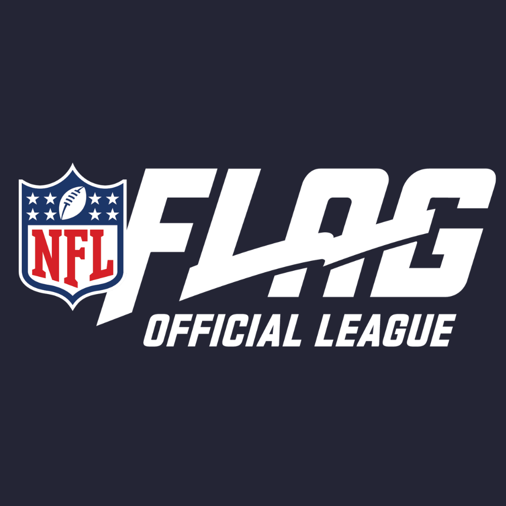 The NFL Flag Official League logo on a navy blue background, featuring the NFL shield and white stylized text.